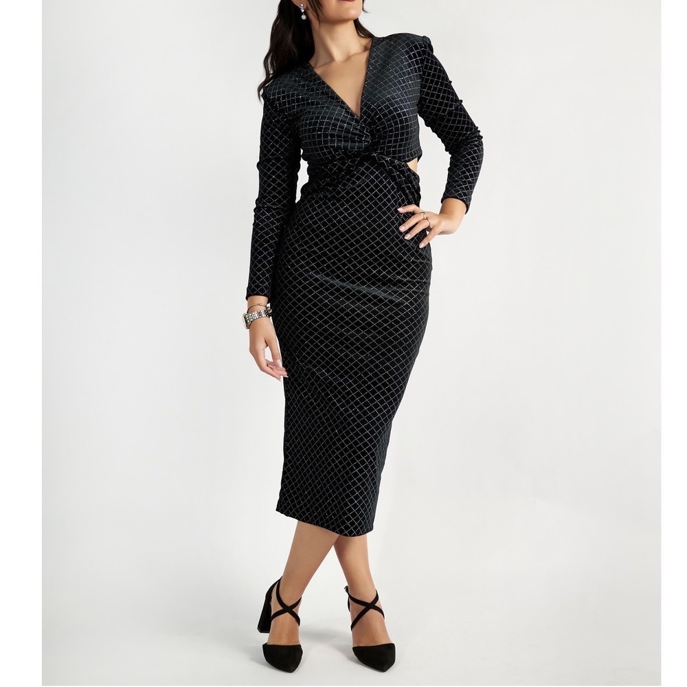 ZARA Black Velvet Silver Glitter Rhinestone‎ Twist Front  Midi Dress Size Large